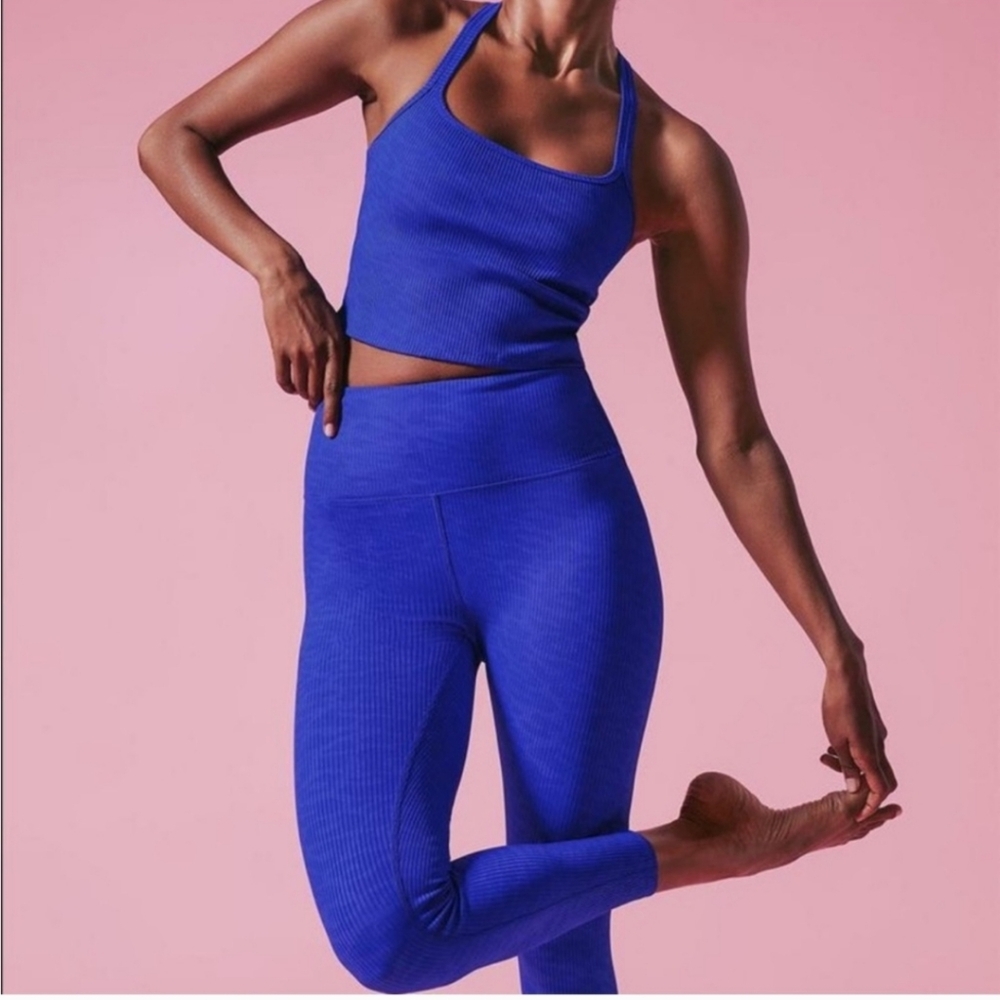 Carbon38 Leggings Ribbed Cobalt Blue Leopard Print Large